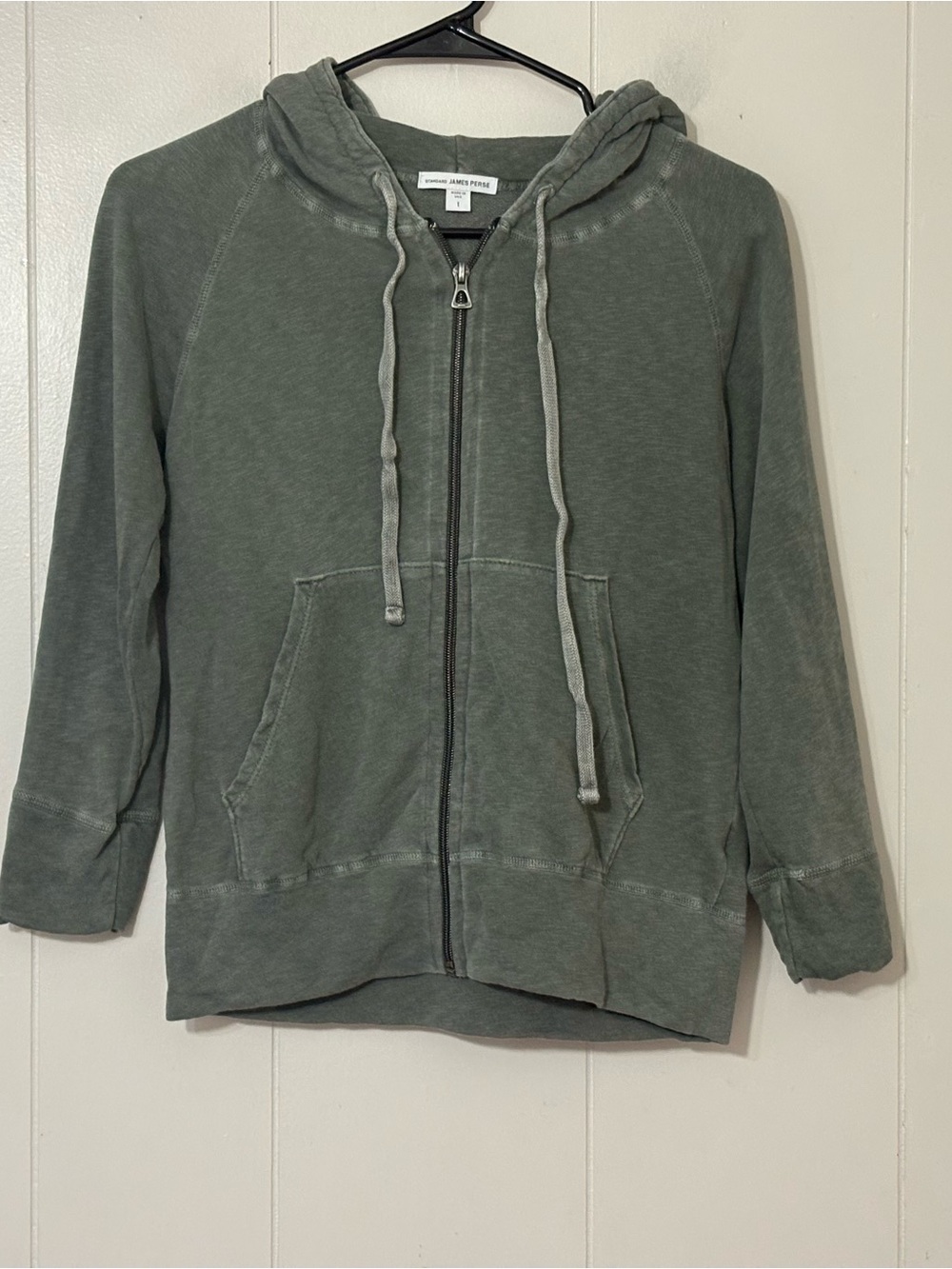 James Perse French Terry Full Zip Hoodie Sage Green 3/4 Sleeve Size 1 USA
